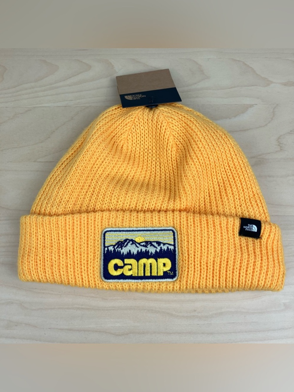 The North Face Men’s Winter Ribbed Beanie Hat Yellow Camp Patch Logo NWT!